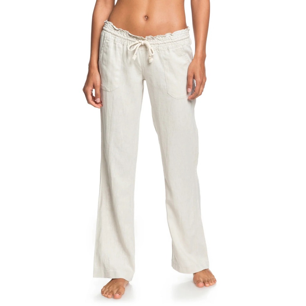 Roxy Oceanside Beach Pants M Linen Blend Wide Leg Drawstring Coastal Boho Oat